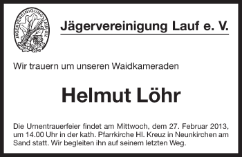 Traueranzeige von Helmut Loehr von Pegnitz-Zeitung